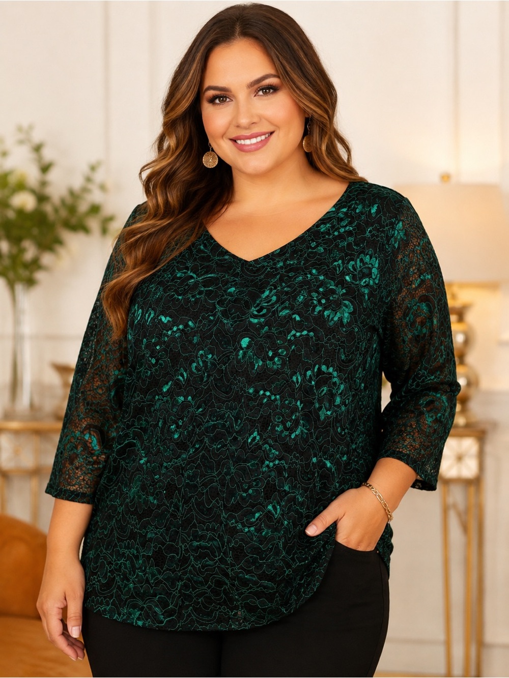 Catherines 1X Black & Emerald Green Floral Lace Blouse 3/4 Sleeve NWOT A14